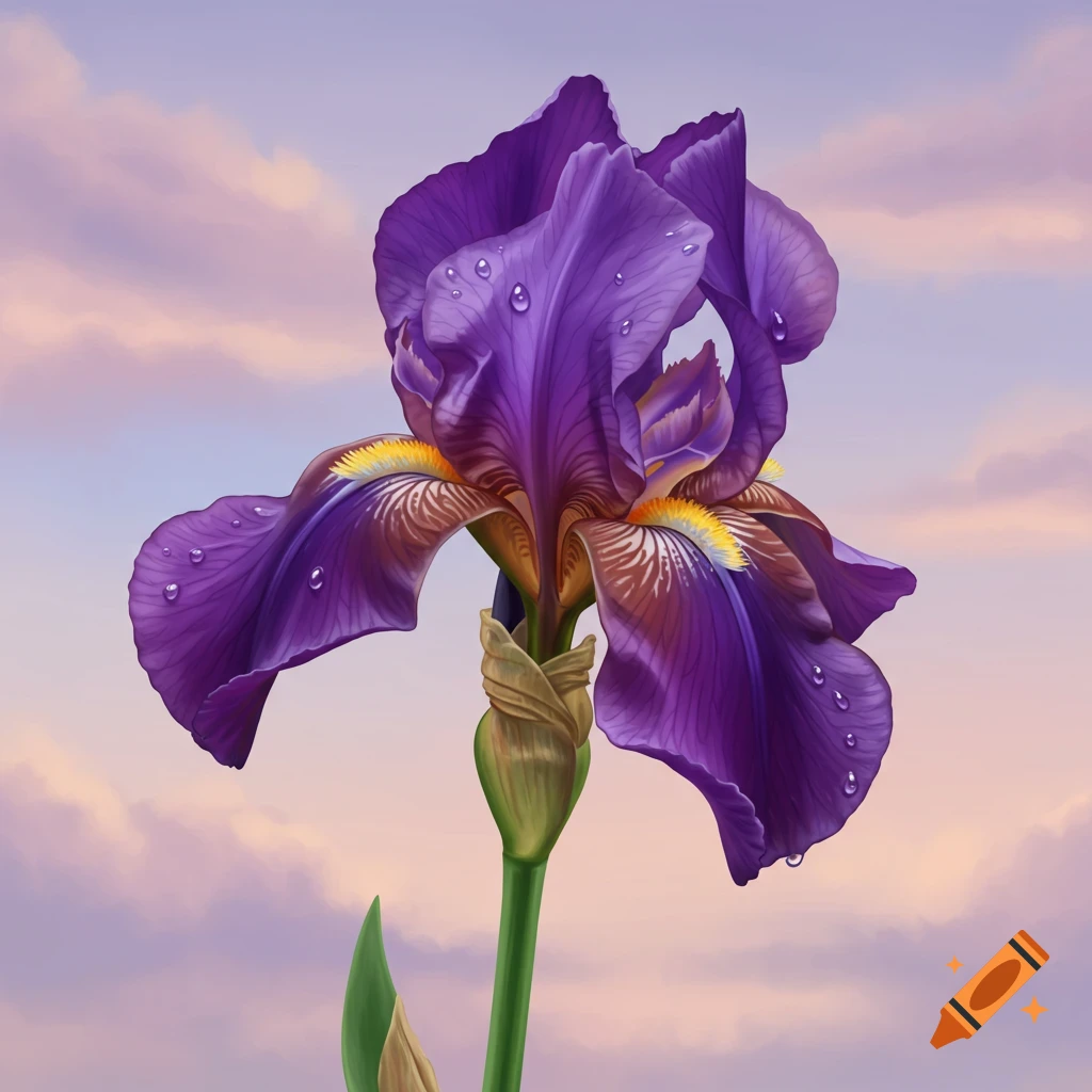 A purple iris flower with water droplets against a cloudy sky.