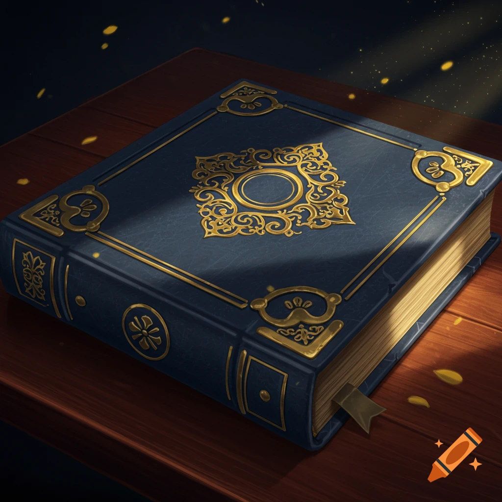 A navy leather book with intricate gold detailing on a wooden table.