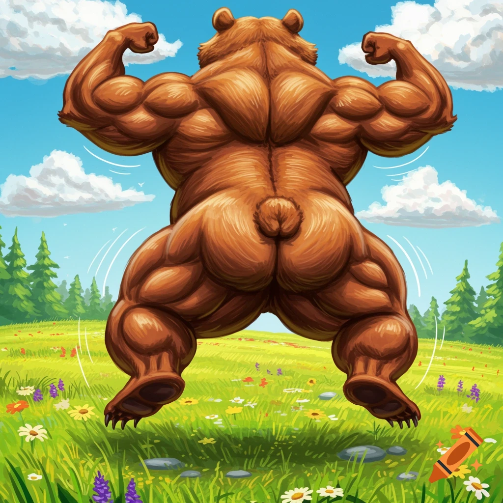 A muscular cartoon bear bounces in a field of wildflowers.