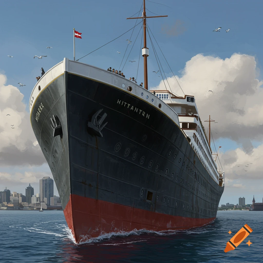 A large black and red passenger ship is sailing towards the viewer with a city skyline behind it.