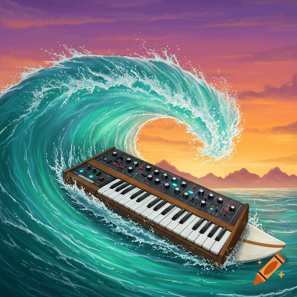 A synthesizer riding a large ocean wave at sunset.