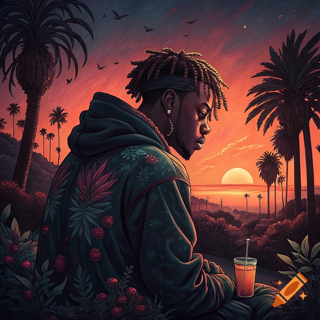 Artistic illustration of a person with dreadlocks sitting, looking at a sunset over a tropical landscape with palm trees.