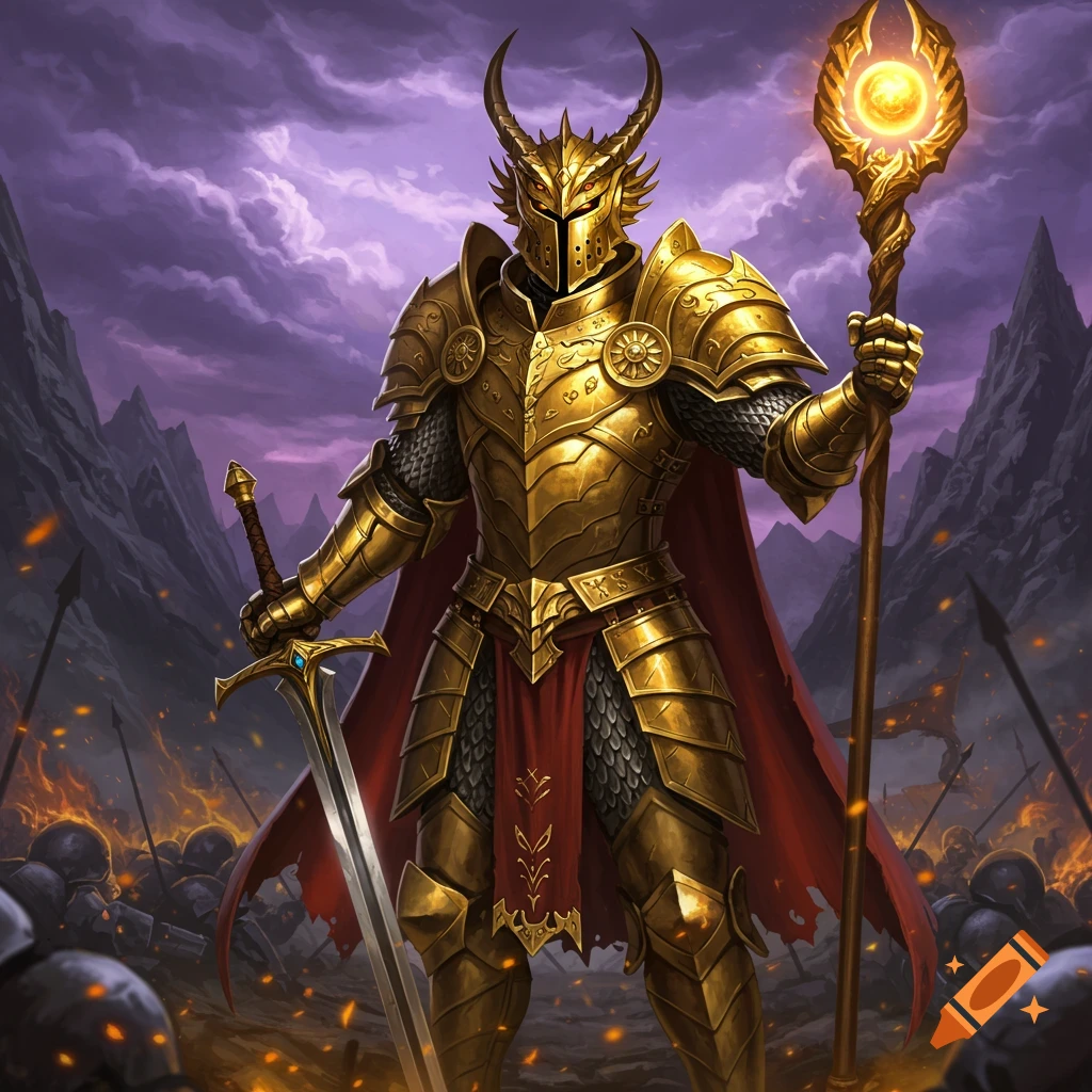 A golden armored fantasy knight stands on a fiery battlefield holding a sword and glowing staff, digital art.