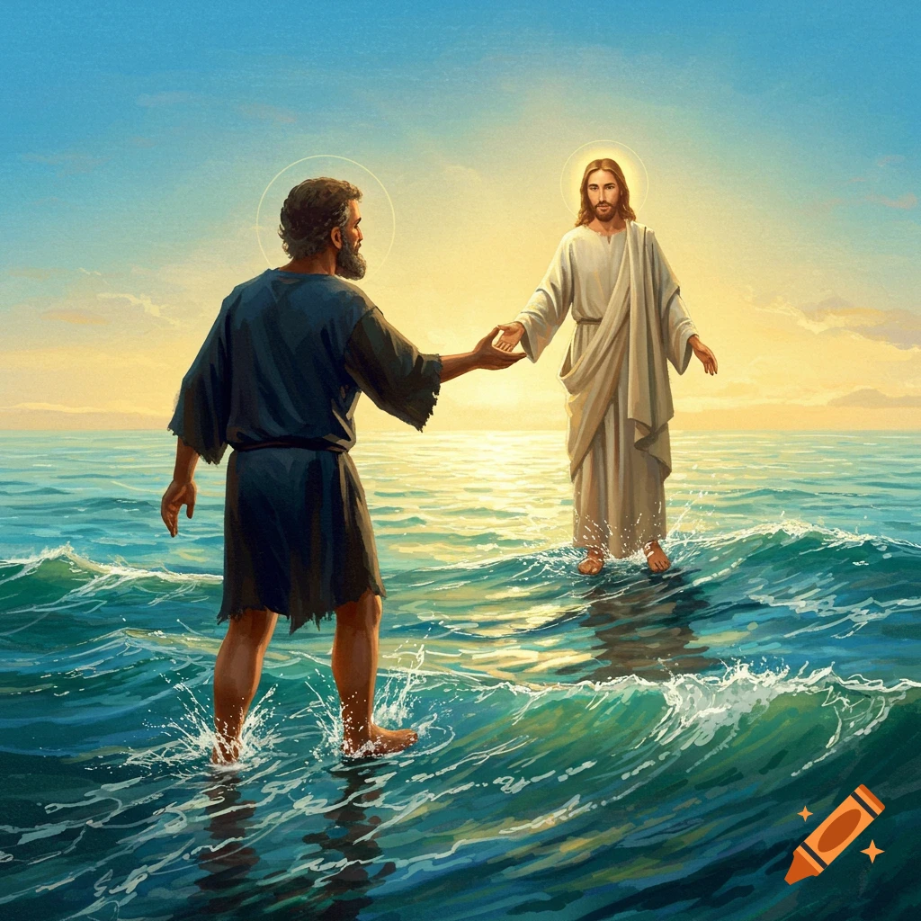 Jesus and Peter are reaching for each other while walking on water at sunset.