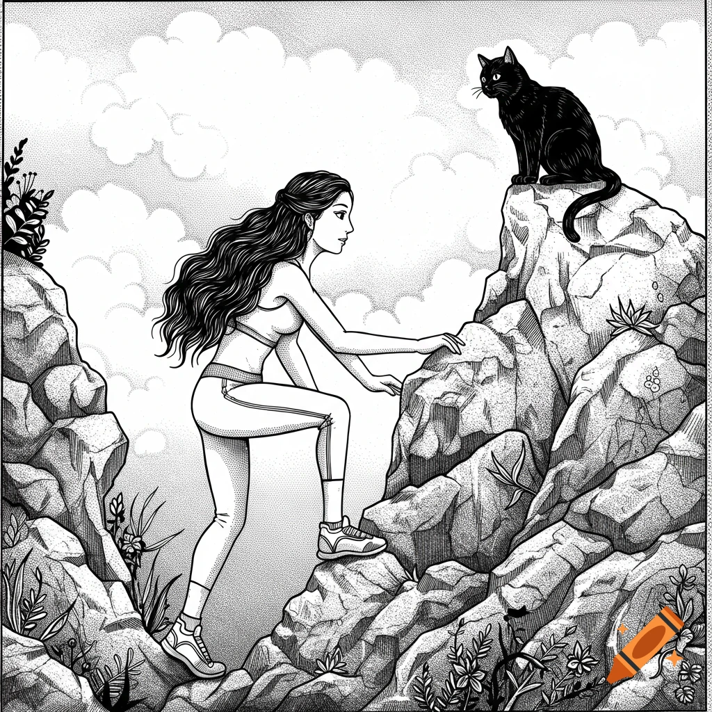 Black and white pen and ink drawing of a woman climbing a rocky cliff toward a black cat.
