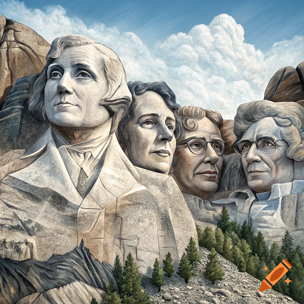 Carving of four women's faces in a mountain, resembling Mount Rushmore, with trees and clouds.