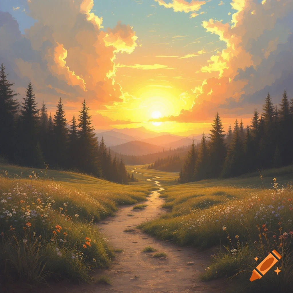 A winding path through a meadow towards a forest and mountains at sunset.