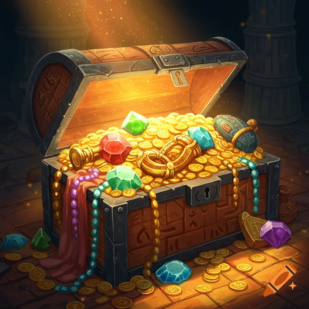 An open treasure chest overflowing with gold coins, jewels, and artifacts.