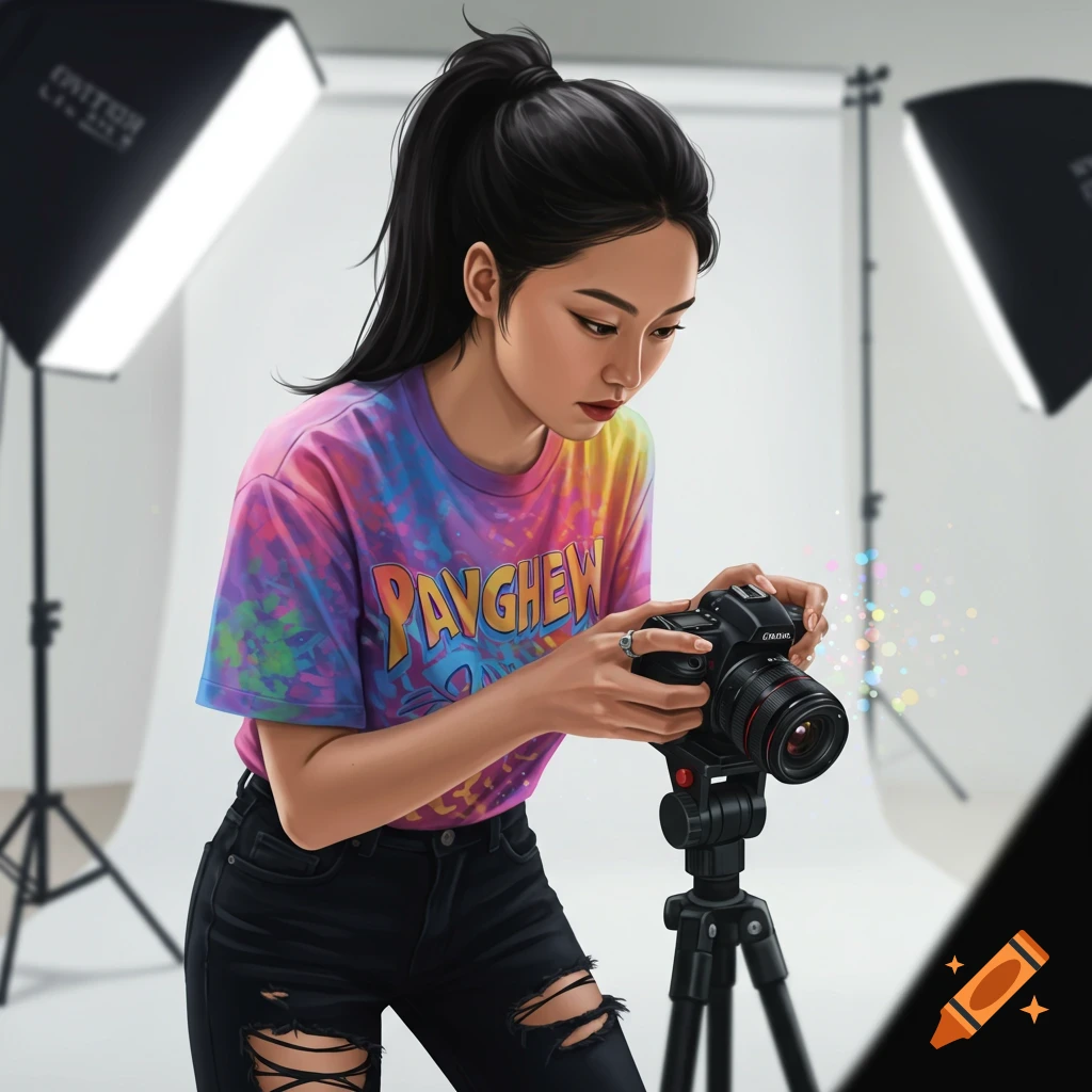Person in a studio holding a camera.