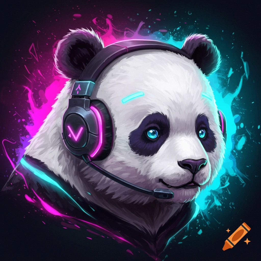 A panda wearing a gaming headset with glowing neon colors