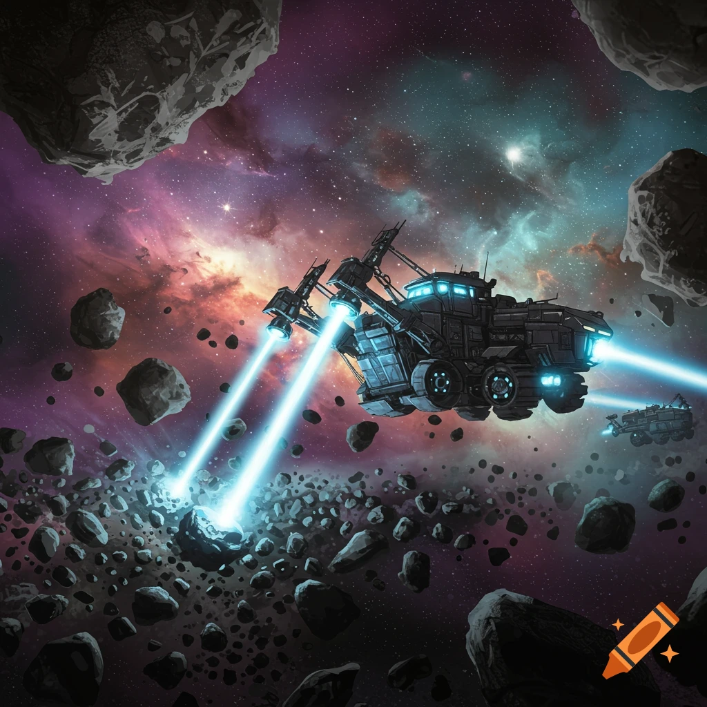 A large spaceship mines asteroids in a colorful nebula.