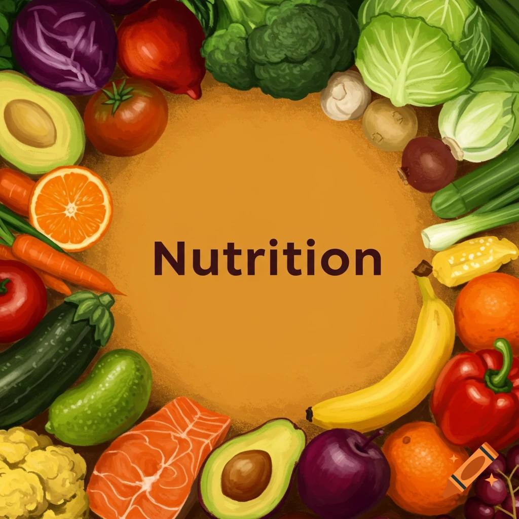 A vibrant display of fruits, vegetables, and salmon is arranged around the word Nutrition.