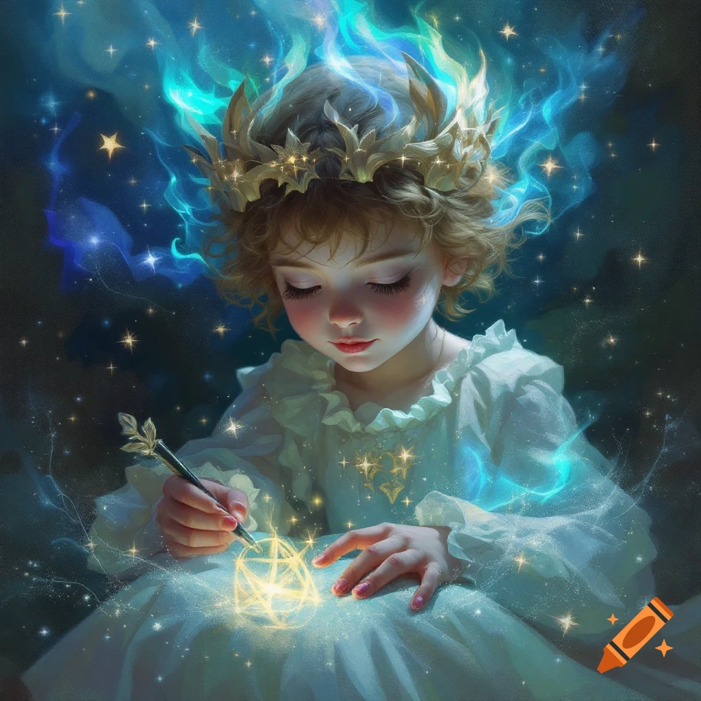 A young girl in a crown is writing with a glowing pen, surrounded by stars and magical light.
