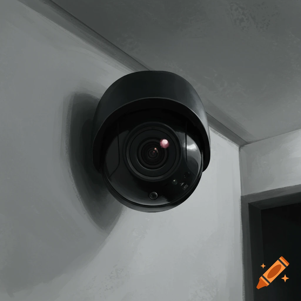 A black dome security camera is mounted on a grey wall.