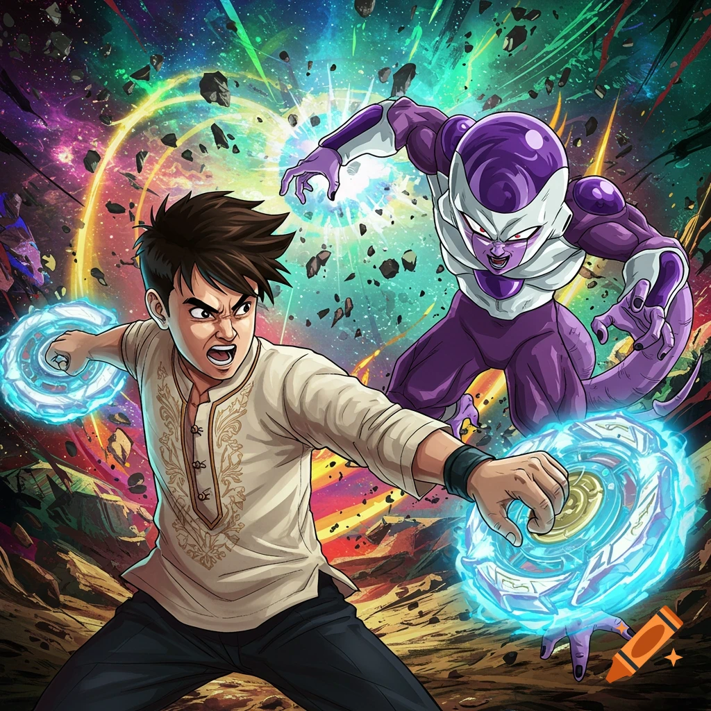 Anime style illustration of a man fighting Frieza from Dragonball Z using glowing Beyblades in a cosmic battle.