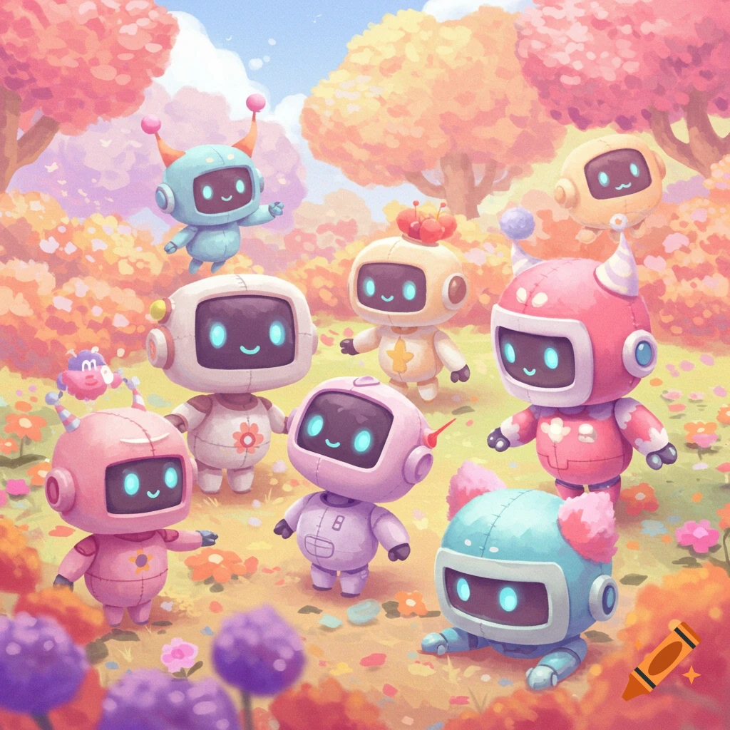 Cute, colorful robots in a whimsical landscape.