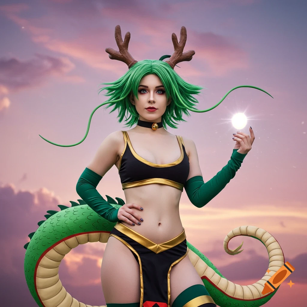 A woman cosplaying as Shenron from Dragon Ball, holding a glowing ball.