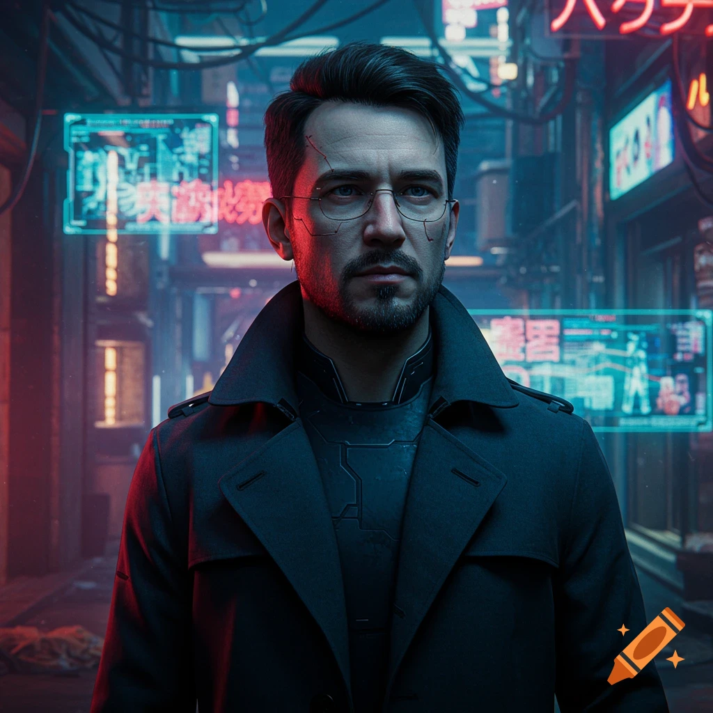 Portrait of a man with futuristic glasses in a neon-lit cyberpunk city