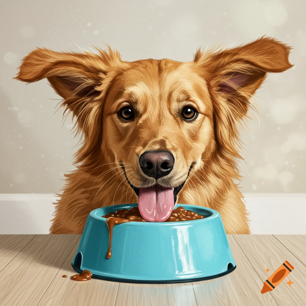 A happy dog eating from a blue bowl