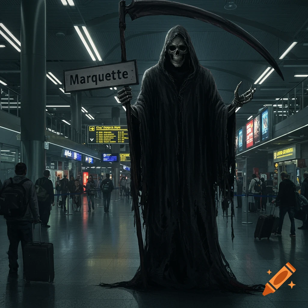 A figure resembling the Grim Reaper is holding a Marquette sign in a crowded airport.