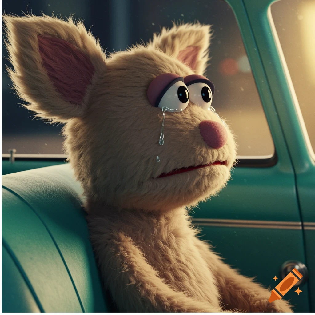 A sad puppet with tears in its eyes sitting in a vintage car