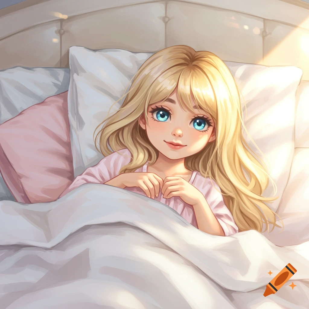 A cute young girl with blonde hair and blue eyes smiling in bed.