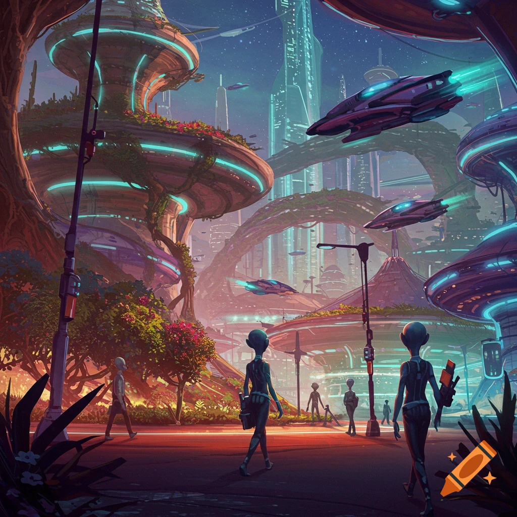 Aliens walk through a vibrant futuristic city with flying vehicles and illuminated buildings.