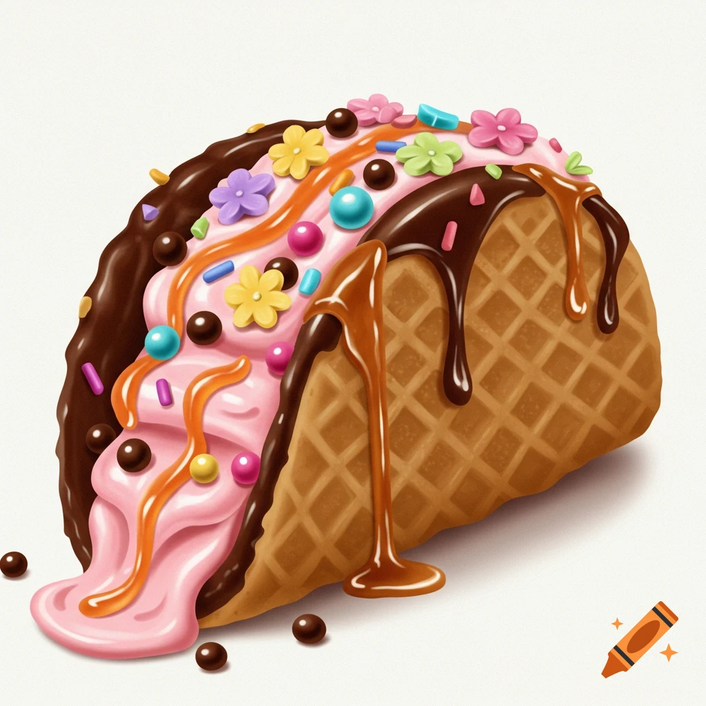 A colorful dessert taco with a waffle cone shell, pink ice cream filling, chocolate and caramel drizzle, and colorful sprinkles and candy flowers.