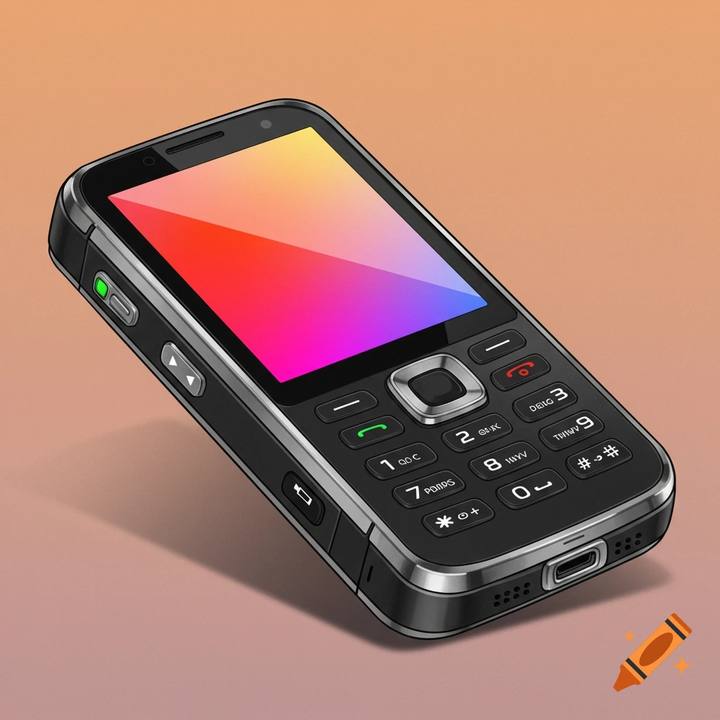 A black cellular phone with a colorful screen.