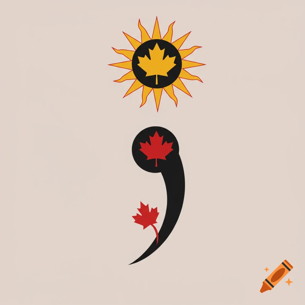 A digital illustration of a semicolon symbol. The top dot is a sun with a yellow maple leaf inside. The comma is black with a small red maple leaf.