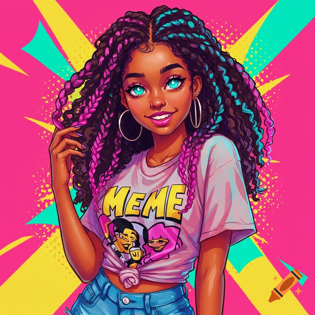 A smiling girl is depicted with colorful braids and a MEME shirt.