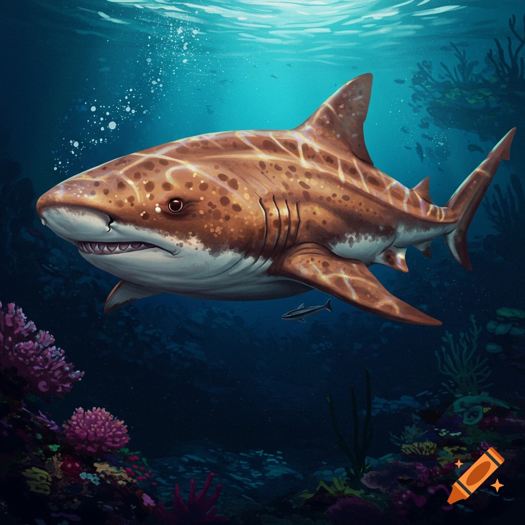 A spotted shark swims near a colorful coral reef.