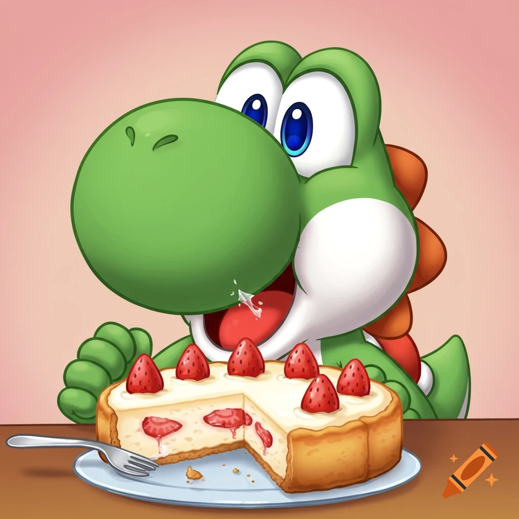 Cartoon illustration of Yoshi eating a slice of strawberry cheesecake
