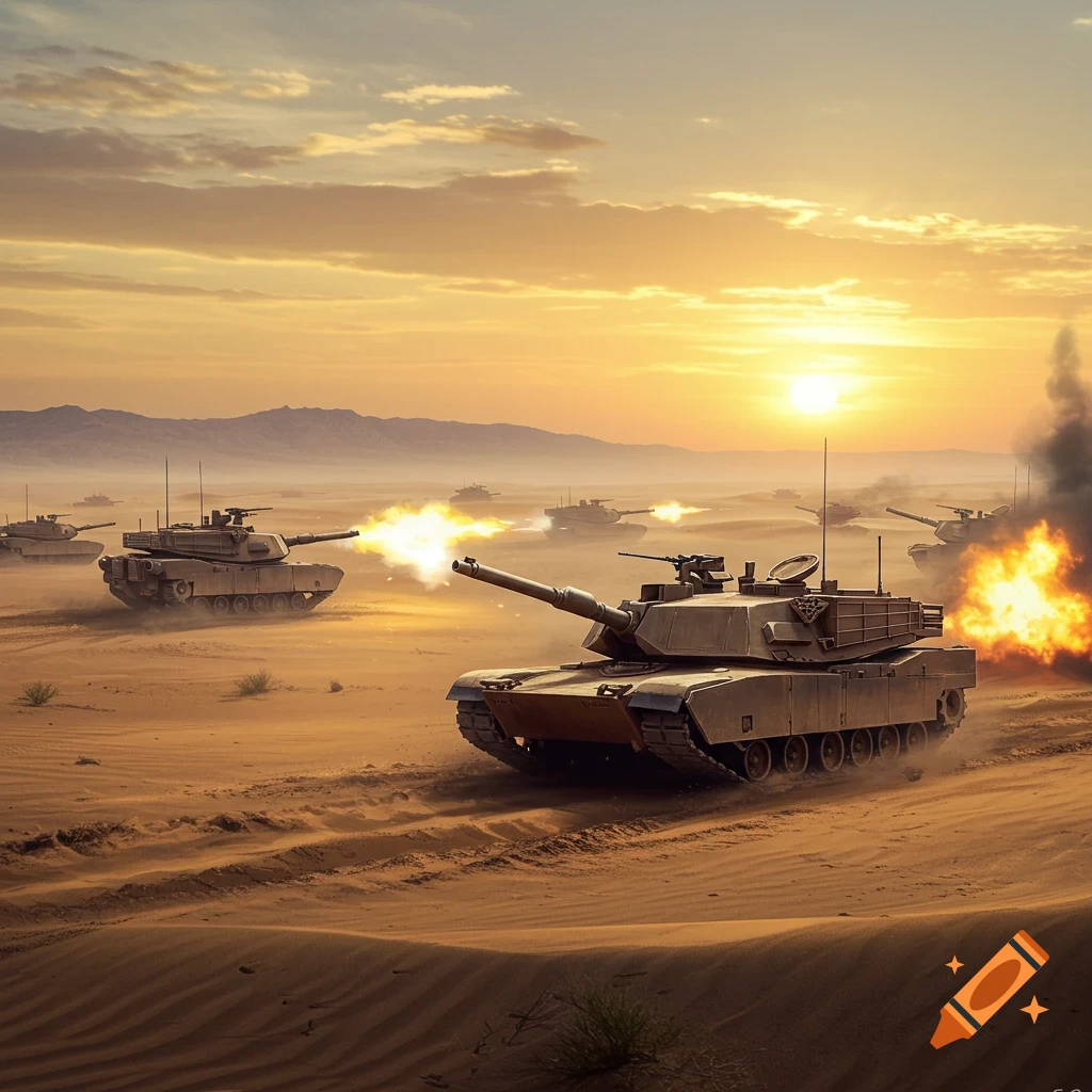 M1 Abrams tanks firing cannons in a desert battle at sunset