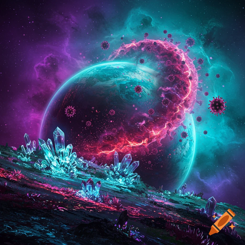 A planet surrounded by a virus outbreak with glowing crystals on a surface.