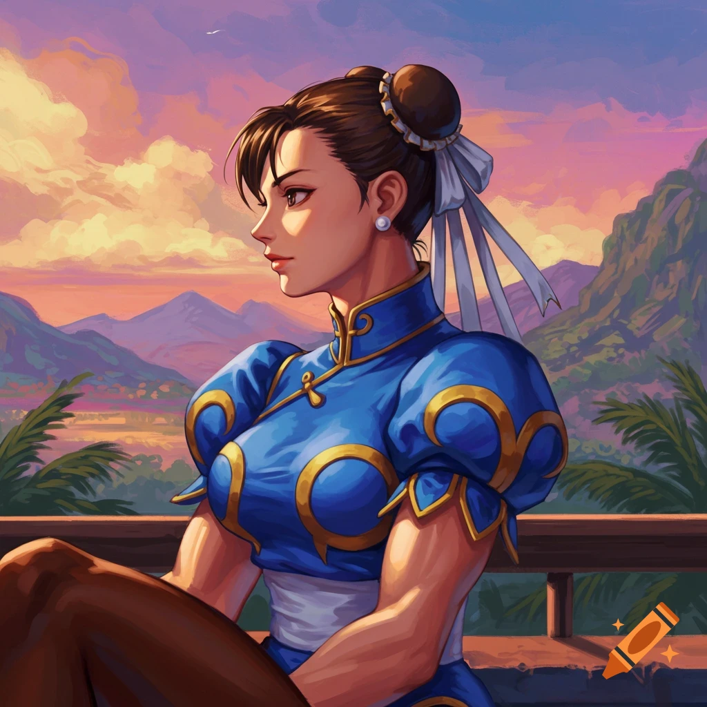 Chun-Li sitting on a railing, looking left at a mountain landscape under a sunset sky.