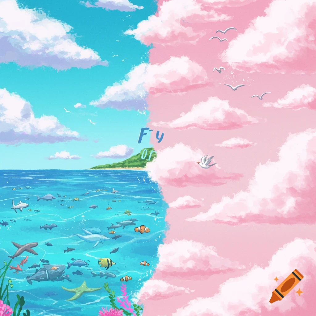 Split scene: blue ocean with fish, island under blue sky vs. pink sky with pink clouds and flying birds.