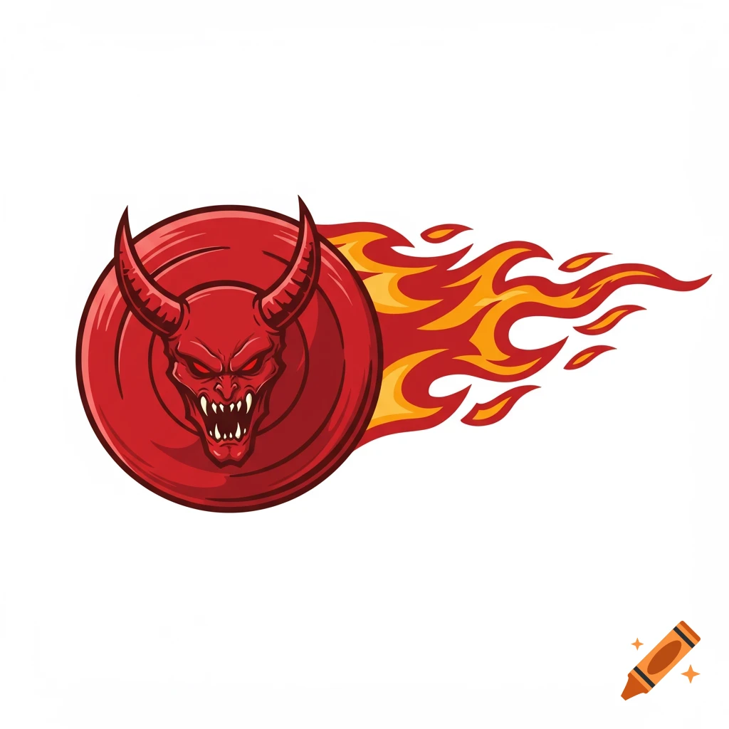 Red frisbee logo with demon face, horns, and flames in illustration style.