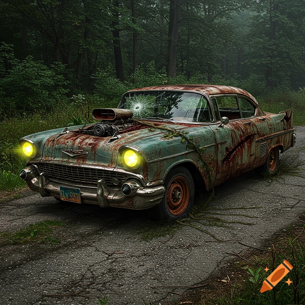 A rusty, vine-covered classic car with a damaged windshield sits on a forest road.