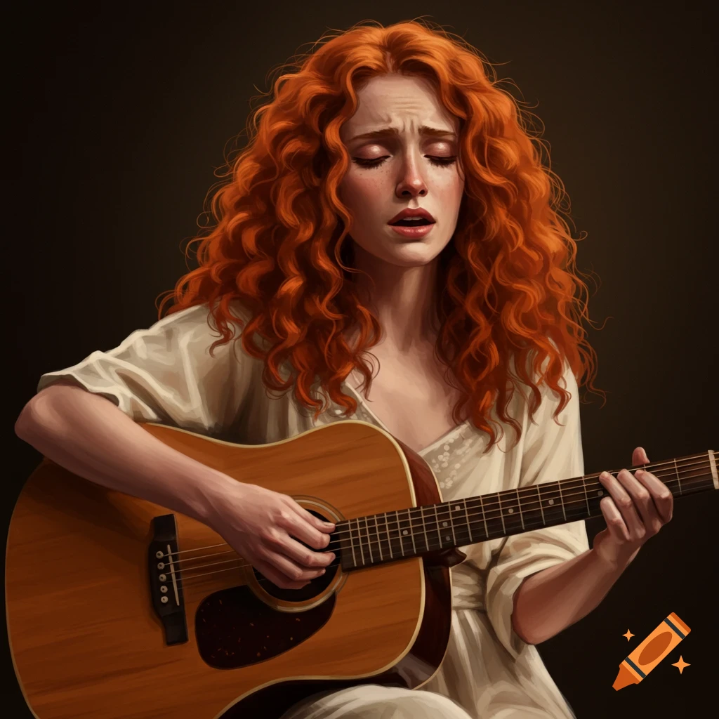 A red-haired woman singing and playing an acoustic guitar.