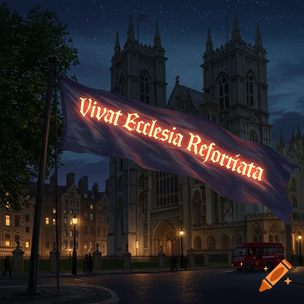 A flag with 'Vivat Ecclesia Reformata' on it waves in front of Westminster Abbey at night.