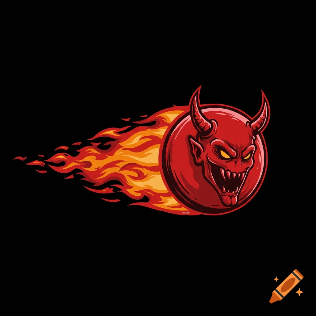 Stylized illustration of a red devil head on a disc with horns, trailing flames on a black background.