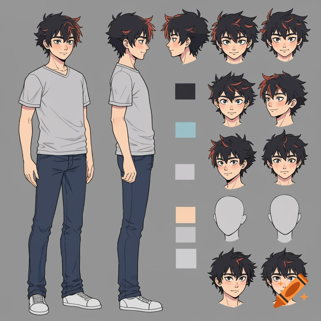 Anime male character reference sheet showing full body and multiple head views with color swatches.