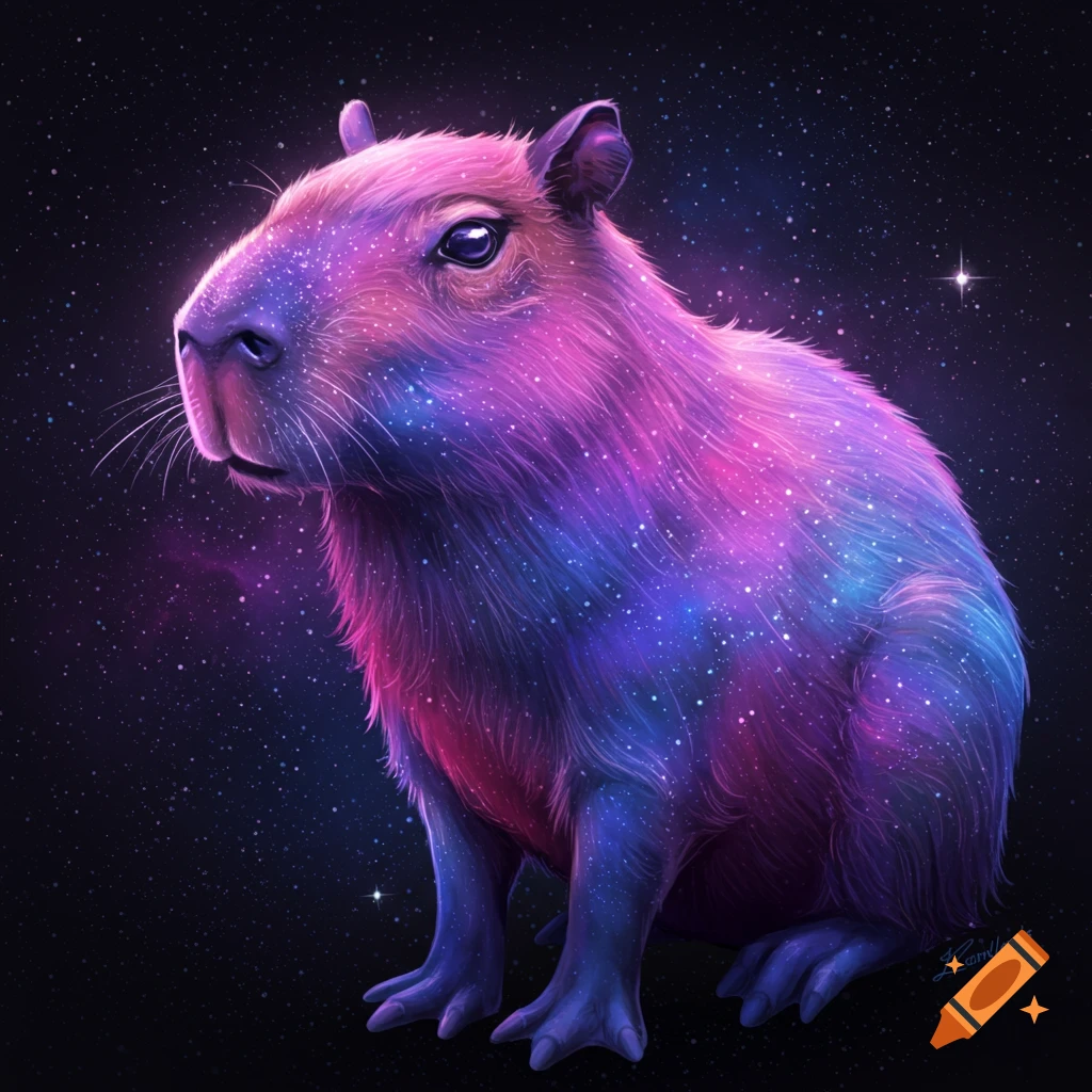 A capybara with galaxy colors sits in space.
