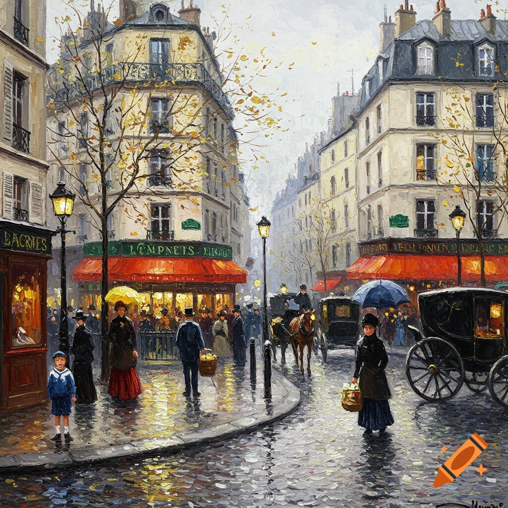 Impressionistic painting of a rainy street scene in Paris with people, carriages, and shops.