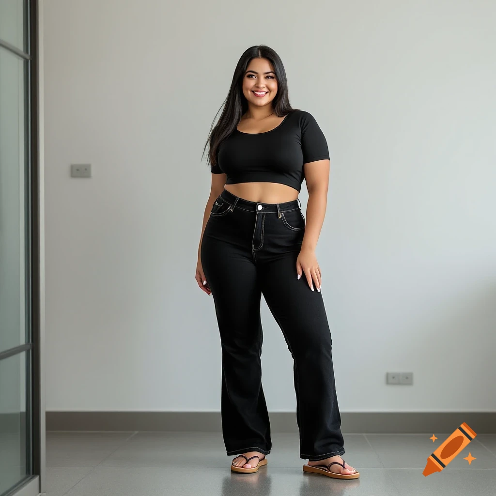 Woman in black cropped top and flared jeans standing in a room.