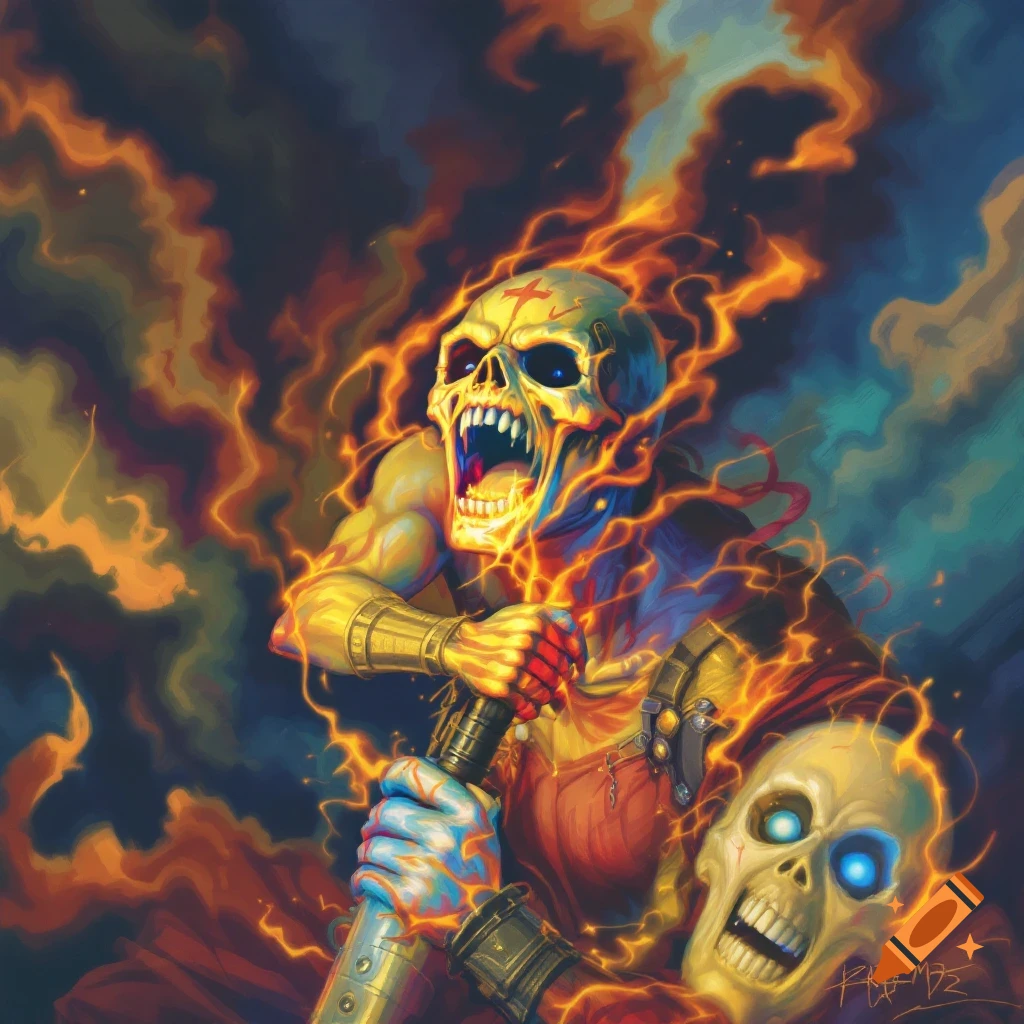 A fiery skeleton figure wielding a sword, with another skeleton head below.