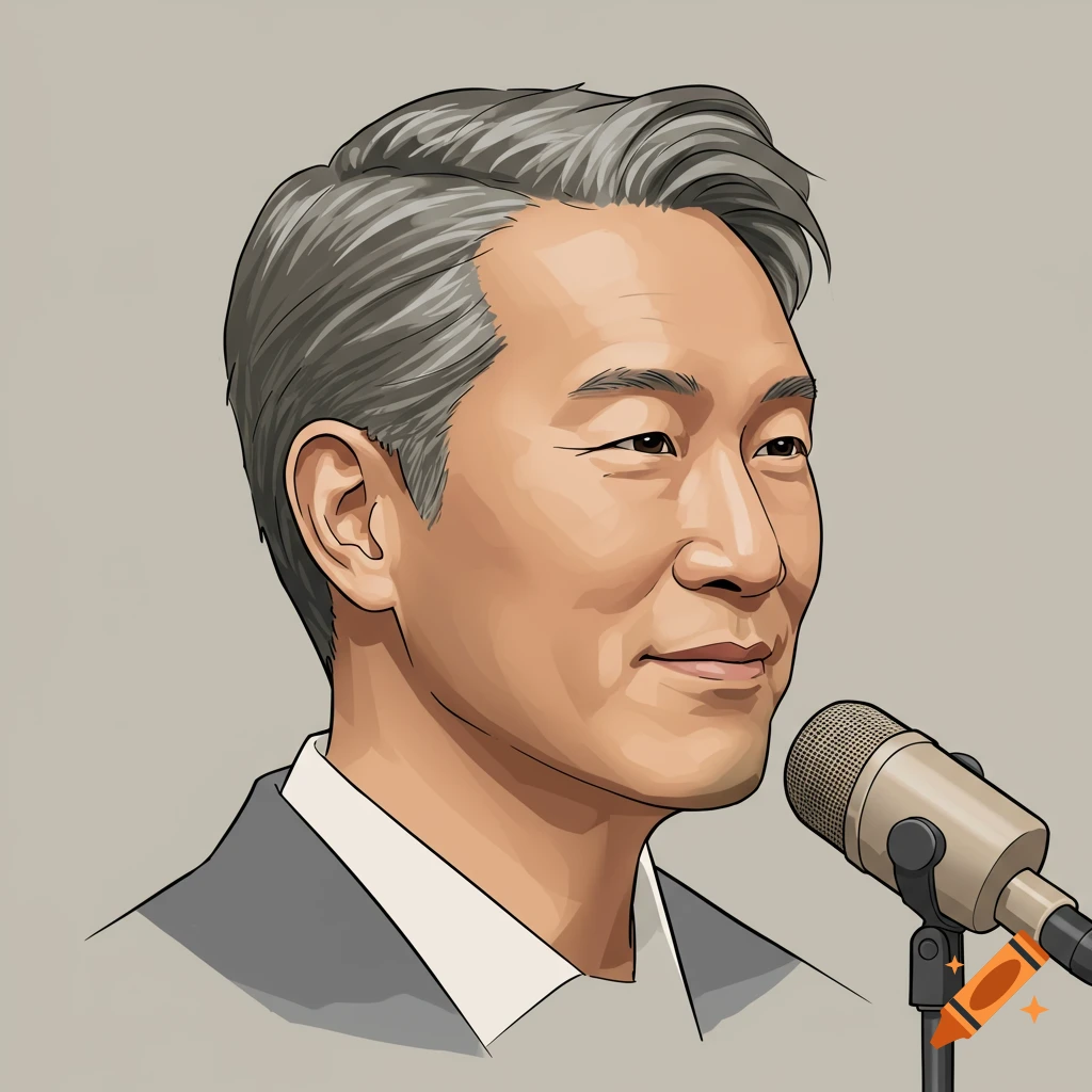 Digital illustration of a man in a suit speaking into a microphone.
