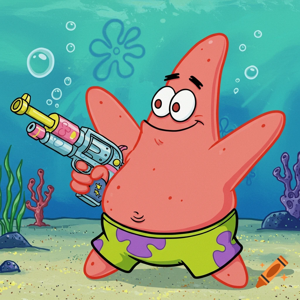 Cartoon of Patrick Star holding a colorful water gun underwater
