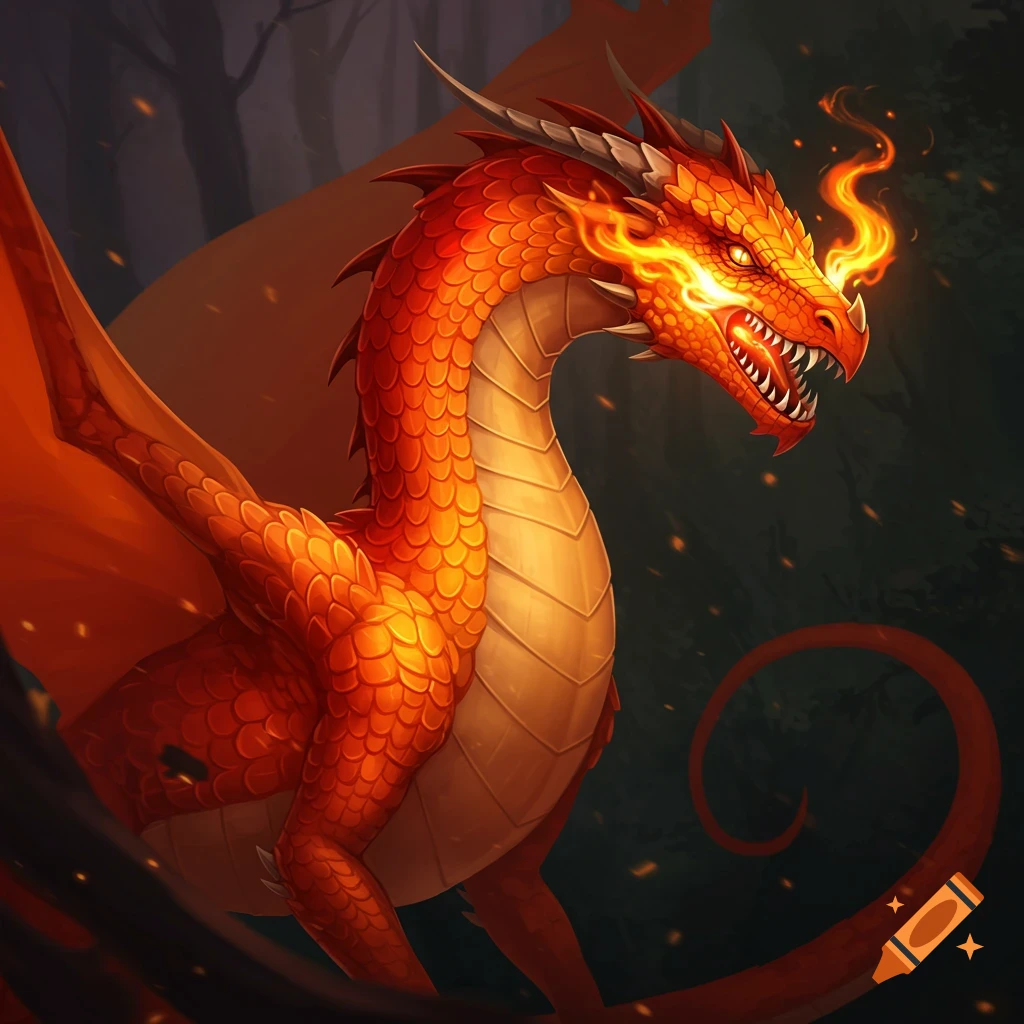 A vibrant red and orange dragon breathing fire in a dark forest.